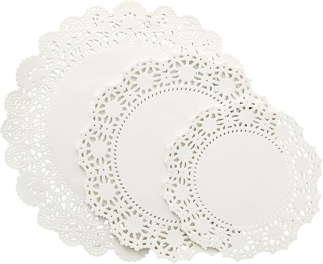 150 Pack Round White Paper Doilies Assorted Sizes for Cake, Food, Dessert - Lace Paper Placemats for Crafts, Plates, Party Table, Wedding (6.5, 8.5, and 10.5 Inch)